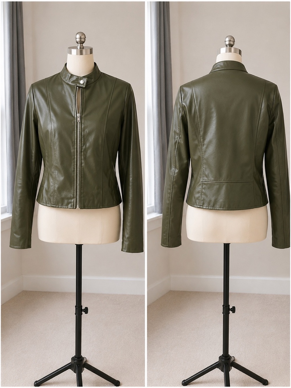 Slim Olive Green Faux Leather Moto Jacket